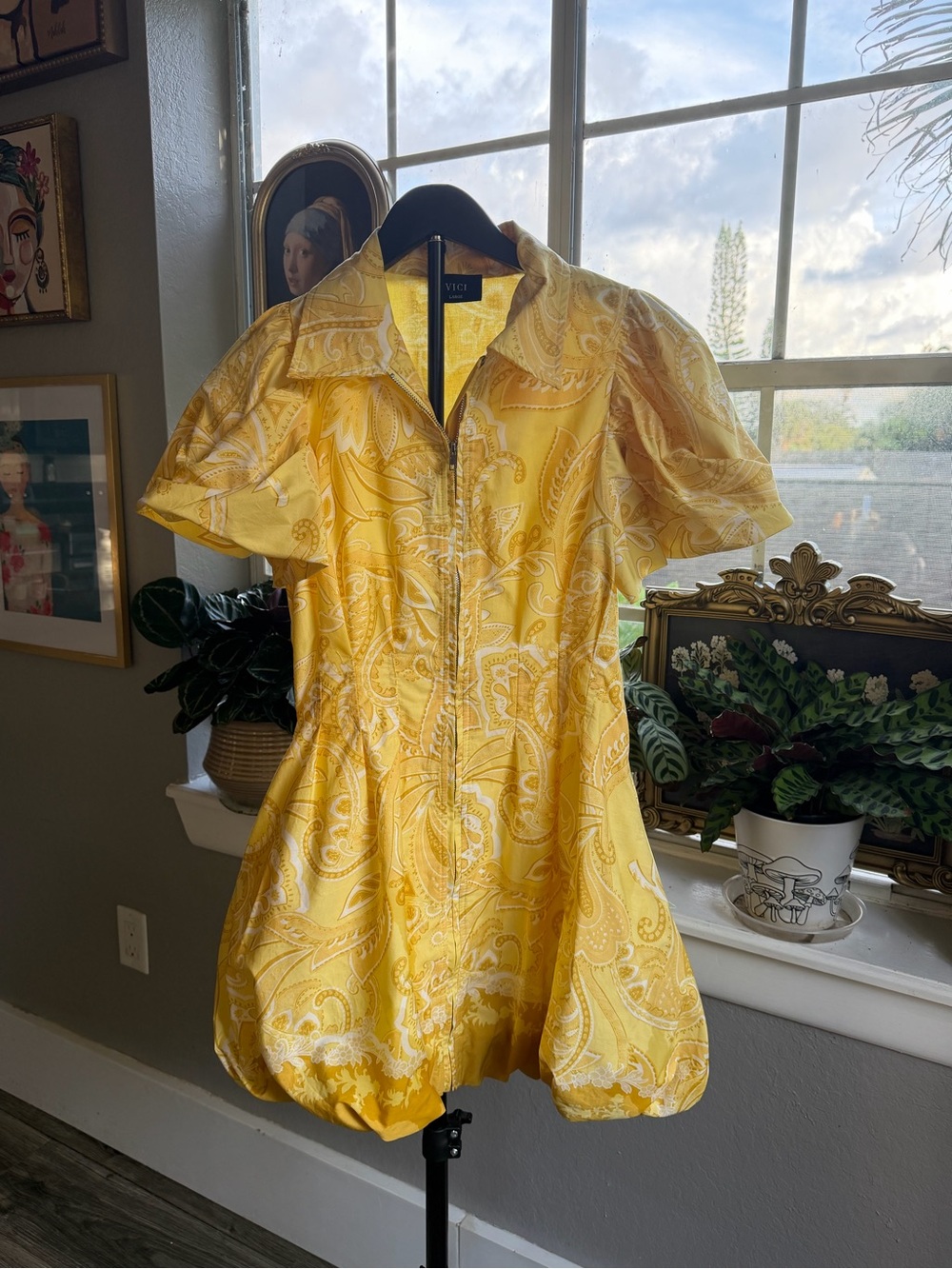 VICI Yellow Paisley Zip Front Mini Dress – Size Large